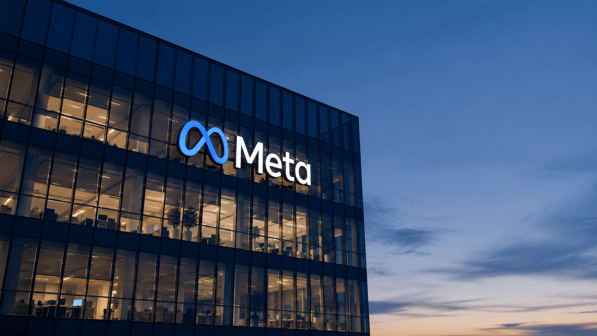 Meta's logo and headquarters building at dusk.