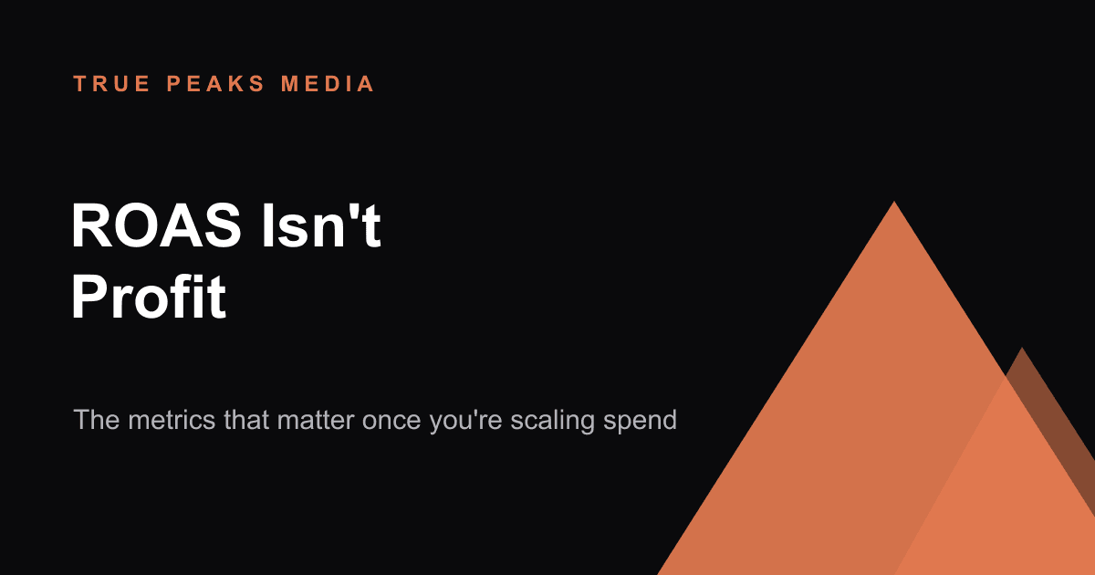 Dark title card reading 'ROAS Isn't Profit' with the True Peaks Media mountain mark in orange.